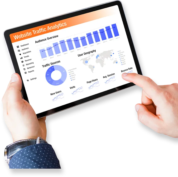 Tablet z wykresami ruchu na stronie