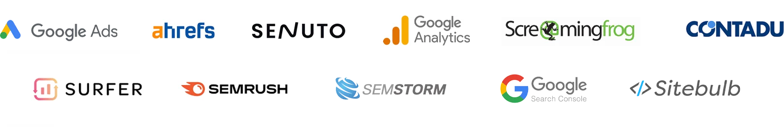 Google Ads, Ahrefs, Senuto, Google Analytics, Screaming Frog, Contadu, Surfer, Semrush, Semstorm, Google Search Console, Sitebulb